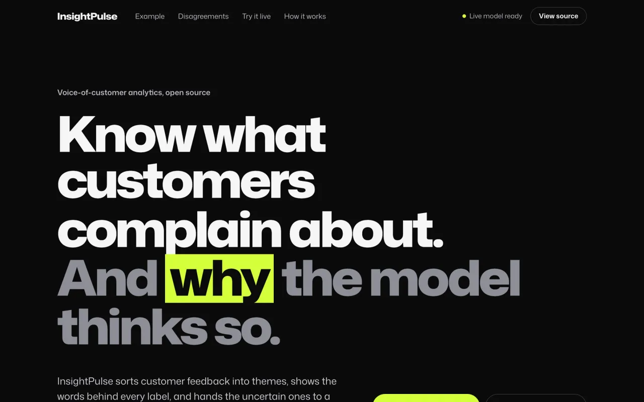InsightPulse demo opening: “Know what customers complain about. And why the model thinks so.”